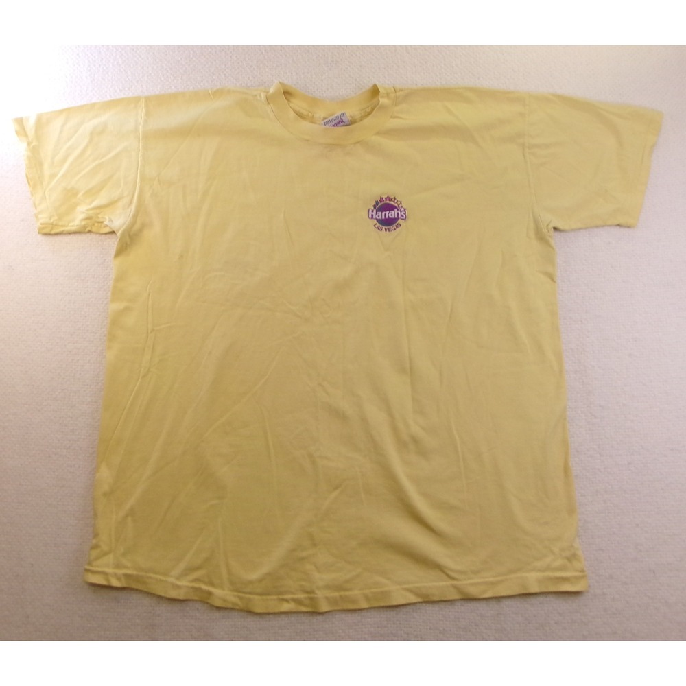 Harrahs Mens‎ XXL T-Shirt Yellow Las Vegas Embroidered Logo Cotton USA Made
